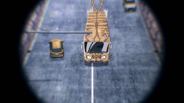An instant villain cat controlling a bus from the anime series My Hero Academia: Vigilantes Episode 9.