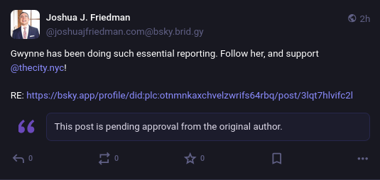 Image of what a quote post of a person that has not enabled the BlueSky bridge looks like on mastodon.social currently.