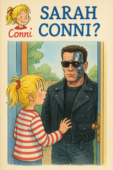 **TL;DR:** A humorous mashup of the children's book character Conni and the Terminator. Text reads: "Conni – SARAH CONNI?"

**Extracted Text:**

* Conni
* SARAH CONNI?

**Image Description:**
A parody children's book cover shows Conni, a cartoon girl with blonde hair in a ponytail, opening the door to find the Terminator (Arnold Schwarzenegger's cyborg character) wearing sunglasses and a black leather jacket, with part of his metal face exposed. The title puns "Sarah Conni?"—a play on “Sarah Connor” from *The Terminator* series, merging it with the German book character “Conni.” This is a meme combining the *Conni* children’s books with *The Terminator* franchise.
