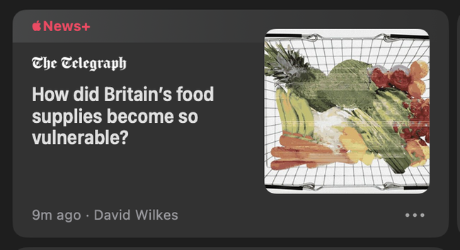 UK newspaper The Telegraph with a headline 'How did Britain's food supplies become so vulnerable?'