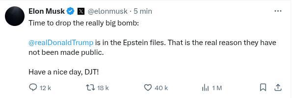 Tweet de Musk: Il est temps de lâcher une bombe :
Donald Trump figure dans les dossiers Epstein. C’est la véritable raison pour laquelle ils n’ont pas été rendus publics.
Bonne journée, DJT !