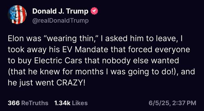 Post de TRUMP sur Truth Social: Elon était « à bout de souffle », je lui ai demandé de partir, je lui ai retiré son mandat EV qui obligeait tout le monde à acheter des voitures électriques dont personne d'autre ne voulait (ce qu'il savait depuis des mois que j'allais faire !), et il est devenu FOU !