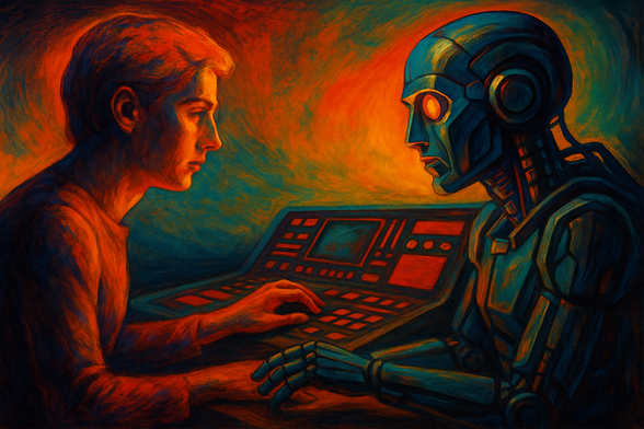 A retro-futuristic painting of a human and a robot seated at a console, gazing at each other, their hands near a glowing interface, evoking tension between organic and technological agency.