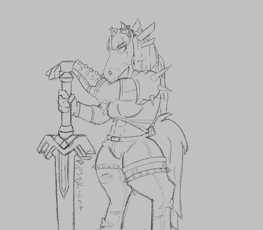 ID: A digital sketch of Magik from Marvel Rivals as an anthro horse. She is noticeably buffer and has several spiky ear piercings and a nose ring. End ID.