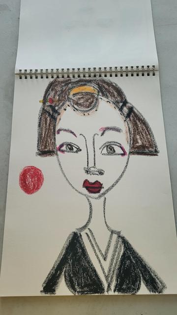 An oil pastel drawing of a brown-eyed and brunette Japanese geisha woman