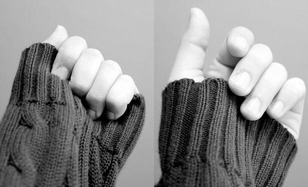 A black and white photograph of (on left) fingers holding the cuff of a sweater over the hand (on right) fingers letting go of the cuff of the sweater from the hand "Let Go" by JFXie is licensed under CC BY 2.0.