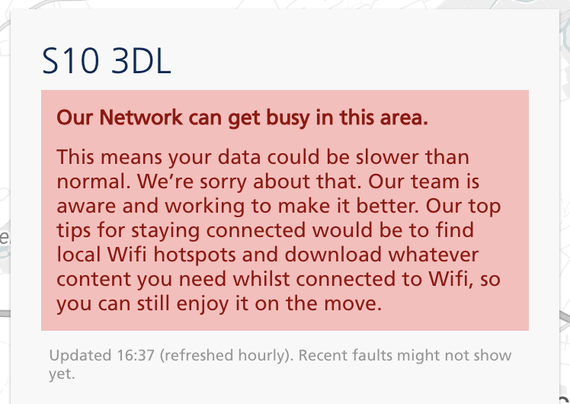An O2 network alert suggesting to just connect to WiFi rather than use their service.