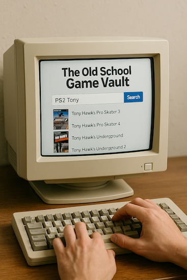 Vintage computer monitor showing a search for PS2 Tony Hawk games on The Old School Game Vault, with a hand typing on a beige keyboard.