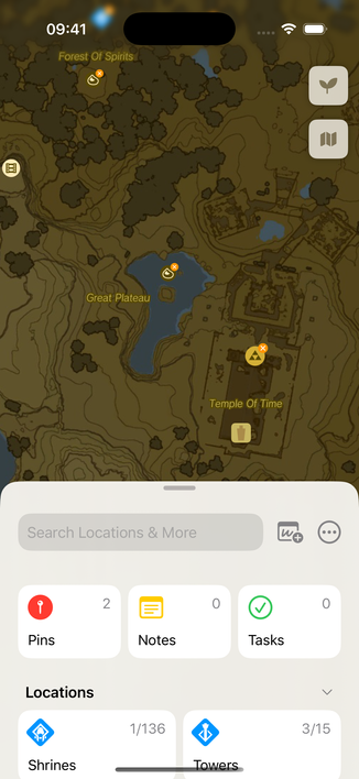 A screenshot of the iOS app TotK Travel Guide, showing a map of the game, markers for points of interests, and a sheet at the bottom with buttons for discovering more locations and items.