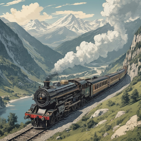 Model: Juggernaut XL
(1880s illustration, comic book, vector, 4k, hyper-detail), the orient express at high speed, on a summer day through the mountains in Europe