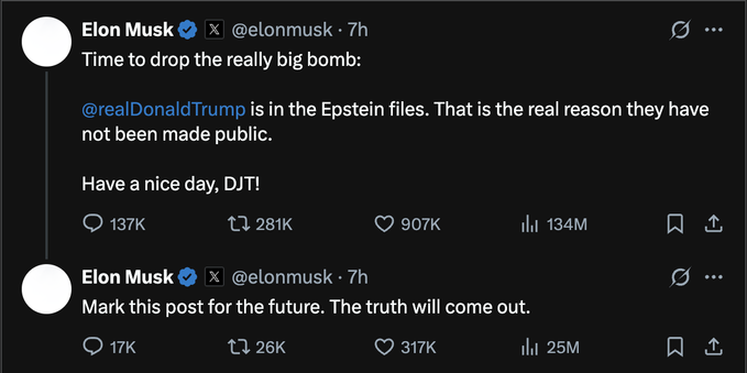 Elon Must post on X

Elon Musk: time to drop the really big bomb:
@realDonaldTrump is in the Epstein files
. that is the real reason they have not been made public

have a nice day, DJT!

mark this post for the future
. the truth will come out