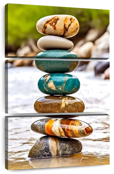 A three-piece canvas wall art featuring a stack of colorful river stones against a blurred green background, evoking calmness and balance.  