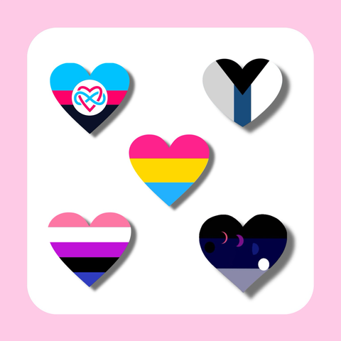 Same background featuring five heart-shaped icons with distinct color schemes representing various aspects of sexuality and gender identity. Polyamorous, Demirose or Demiaroace, Pansexual, Genderfluid, and Lunagender.