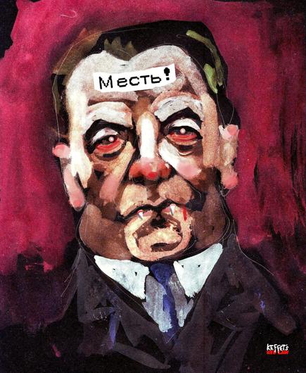 Der Kopf von Medwedew (Stellvertretender Vorsitzender des Sicherheitsrates der Russischen Föderation) auf seiner Stirn klebt ein Zettel mit dem russischen Wort für Rache. Aus seinem Mund sickert Blut und man sieht zwei Vampirzähne. Der ukrainische Drohnenangriff wiegt für ihn schwerer, als das Ermorden der ukrainischen Bevölkerung.
