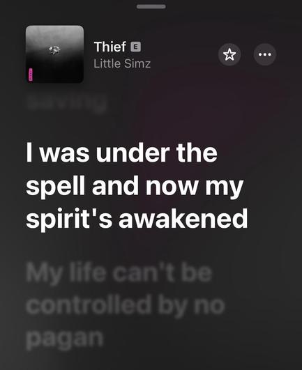 The image shows the album cover for "Thief" by Little Simz, alongside lyrics that reflect themes of awakening and personal empowerment. The design features a single flower against a dark background, with a prominent pink accent. “I was under the spell and now my spirit is sealed | My life can’t be controlled by no pagan”
