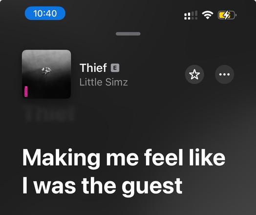 Image displays a music player interface showing the song "Thief" by Little Simz. Below the album artwork, the text reads, "Making me feel like I was the guest…"