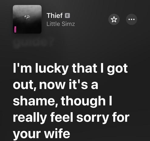 The image features the cover art of the song "Thief" by Little Simz, accompanied by a partial lyric: "I'm lucky that I got out, now it's a shame, though I really feel sorry for your wife." More than likely referring to Cleo Sol and SAULT. 