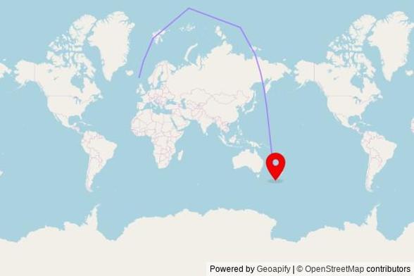 A map showing the great circle route from Tórshavn in the Faroe Islands to a map pin at St Theresa of Lisieux Parish, 40 Perth Street, Windsor, Invercargill City 9810, New Zealand