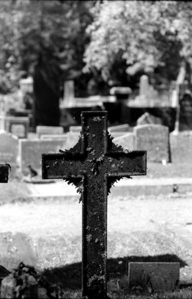 A rusty iron cross on the cemetery, rows of gravestones in the background.