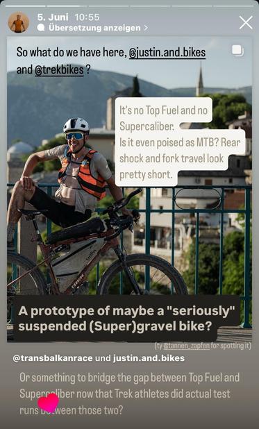 Instagram story by Torsten Frank, showing a photo with an as of yet unreleased full suspension bike from Trek.