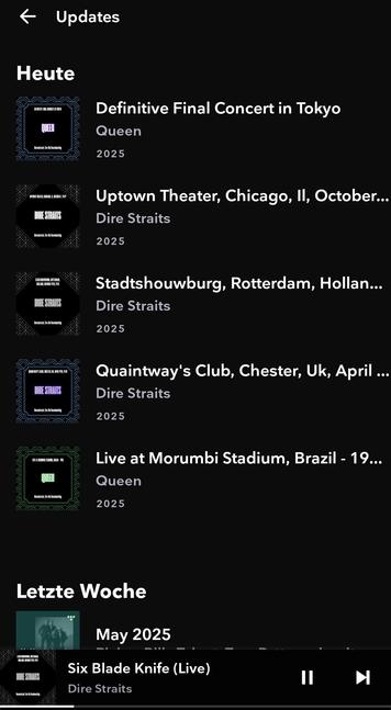 Screenshit of a music player showing recent releases of Queen and Direstraits live recordings/broadcasts.