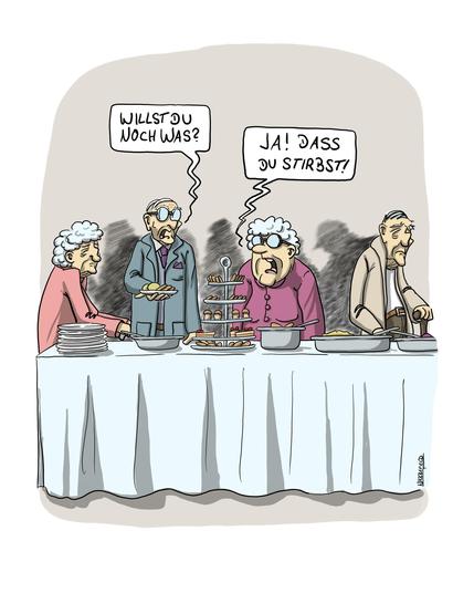 Die Bundesregierung beschließt die Kürzung der Witwenrente ab Juli diesen Jahres. Aus diesem Anlass habe ich einen Cartoon gezeichnet, der ein altes Ehepaar an einem Frühstücksbuffet zeigt. Er fragt seine Frau: "Willst du noch was?", worauf sie antwortet: "Ja. Dass du stirbst."