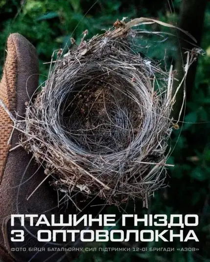 Photo of a bird's nest made with some fiber optic strands with the caption in Ukrainian:

"bird's nest made from fiber optics

PHOTO OF A BATTALION SUPPORT FORCE FIGHTER OF THE 12TH AZOV BRIGADE"