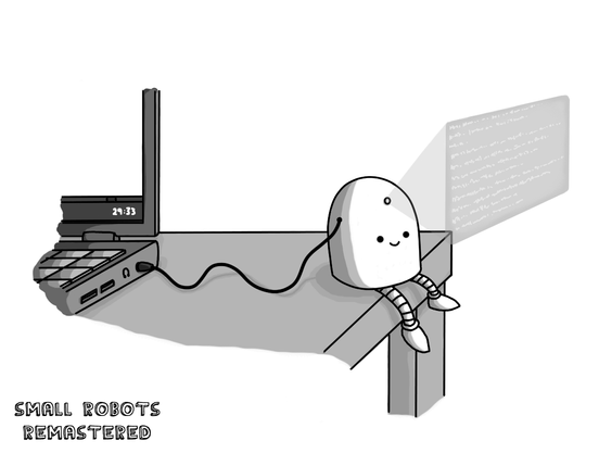 A happy, round-topped robot with banded legs but no arms sitting on the edge of a desk with a wire running from its side into a laptop's audio jack. A little emitter in the middle of its forehead projects a small holographic window filled with lines of (illegible) text. The laptop has a visible playback bar at the bottom of its screen and "29:33" written in light text at the end of it.