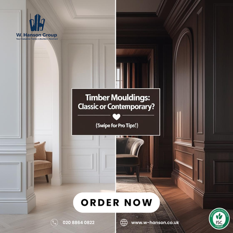 Timber mouldings transformation – painted vs. stained styles for modern interiors. Discover premium skirting, architraves & more at W-Hanson.co.uk."