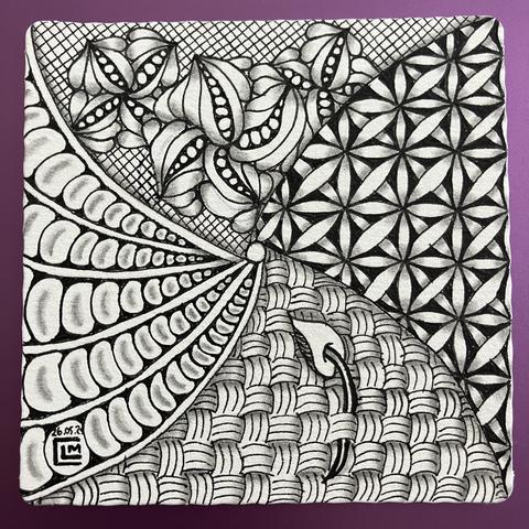 Finished tile with black ink patterns and graphite shading