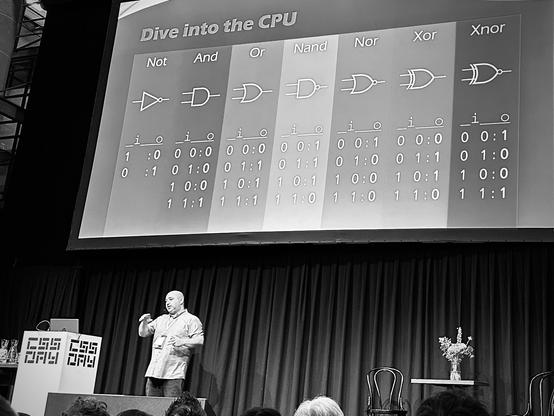 Amit on stage explaining the 7 CPU logic gates:

Dive into the CPU

Not
And
Or
Nand
Nor
Xor 
Xnor 
