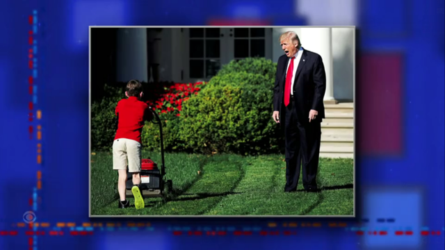 Photo of his first interview for the job? Meme photo from Trump's first term of young kid moving the White House law with a toy lawn-mover as Trump looks on.