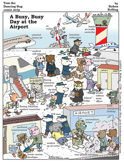 A busy day at the airport. A Richard Scarry-esque image of an airport where people are being detained and deported.