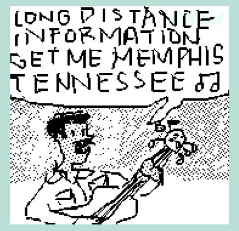a scrawling mess of a digital doodle, chuck berry plays his guitar with an ungainly word balloon over his head singing ’long distance information get me memphis tennessee’