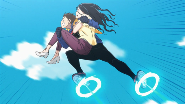 Kouichi saving Makoto by flying from the anime series My Hero Academia: Vigilantes Episode 9.