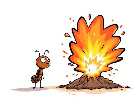 A cartoon-style scene featuring a small explosion and an ant. The explosion is roughly the size of the ant. The ant, standing on the ground to the left of the explosion, appears to be looking at it with a surprised expression
