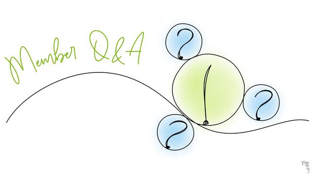 Member Q and A / A continuous line drawing of word bubbles. Three have question marks, and circle an inner fourth bubble which has an explanation point - Illustration by Michael Blank