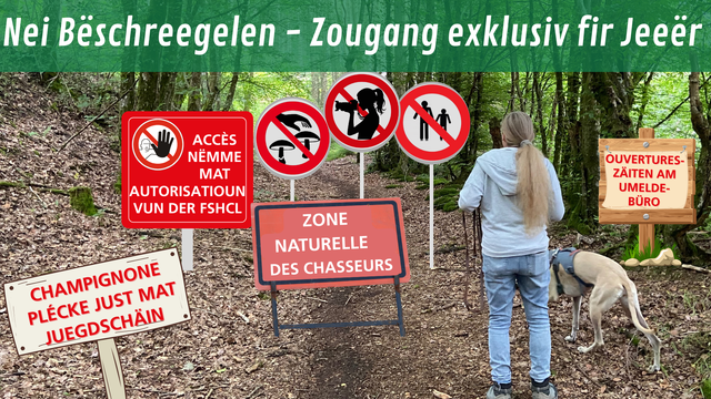 Fotomontage (also kee KI-generéiert Bild), dat déi exzessiv Rechter, déi d'Jeeër fuerderen, op eng satiresch-sarkastesch Manéier duerstellt.
