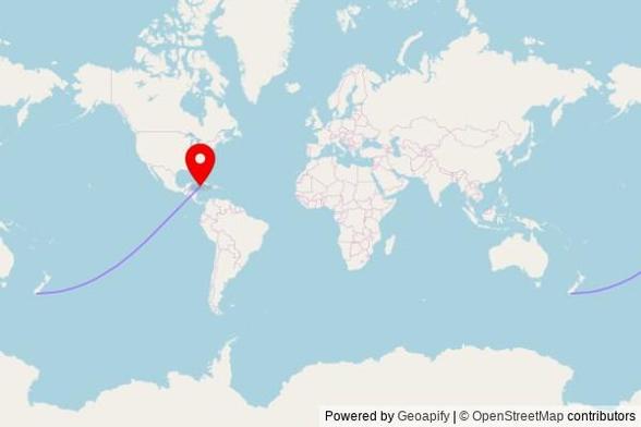 A map showing the great circle route from Invercargill City in New Zealand to a map pin at The Church of Jesus Christ of Latter-day Saints, Selkirk Drive, George Town KY1-1207, Cayman Islands
