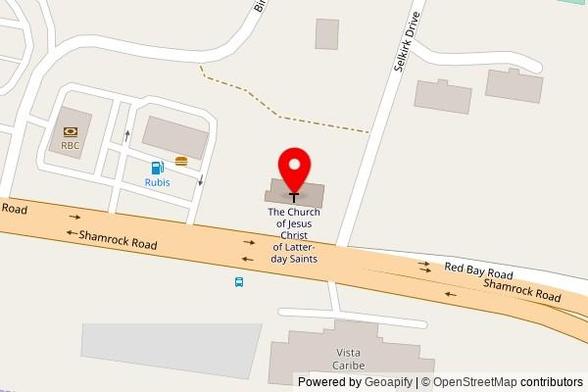 A zoomed out map with a pin at the position of The Church of Jesus Christ of Latter-day Saints, Selkirk Drive, George Town KY1-1207, Cayman Islands