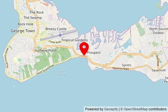 A partially zoomed out map with a pin at the position of The Church of Jesus Christ of Latter-day Saints, Selkirk Drive, George Town KY1-1207, Cayman Islands