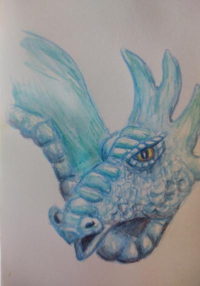 Tekening van de kop van een blauwgroene draak