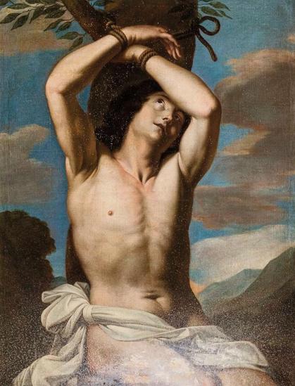 San Sebastiano by Nicolas Regnier, 17th century (oil on canvas)
Saint Sebastian arms tied above his head to a tree, looking up.