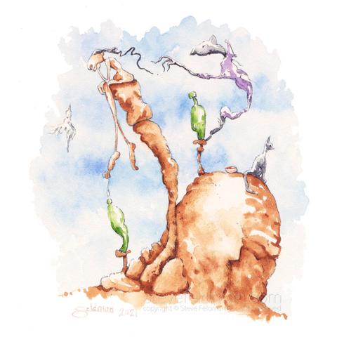 My watercolor painting titled “Drawn Out Misery Pestered with Pseudo Wisdom as the Ugly Truth Sneaks up from Behind having Easily Evaded the Sentinel of Denial” has a rat like creature that has apparently slipped past a seemingly alert cat approaching from behind a seated figure on a rock pillar while a fluttering bird hovers peevishly.