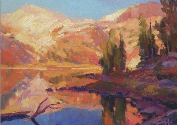 Greeting card of an original oil painting depicting a still, clear, mountain lake.