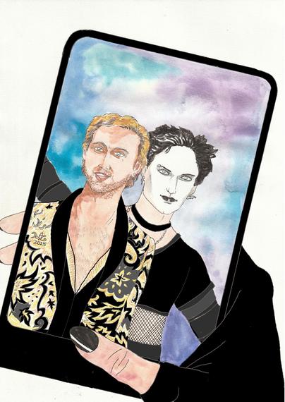 Illustration: Alexander Lemtov with the goth Linus, seen in the display of a smartphone, which Linus holds in his hand (about to take a selfie)