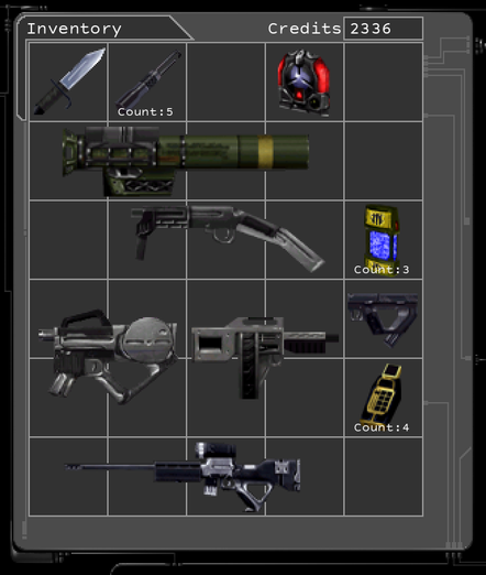 An inventory screen containing:
Sawed-off Shotgun
Combat Knife
Light Anti-Tank Weapon (LAW)
Multitool (Count: 4)
Scramble Grenade (Count: 3)
Stealth Pistol
Lightweight Attack Munitions (LAM)
Assault Shotgun
Sniper Rifle
Assault Rifle
Lockpick (Count: 5)
