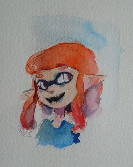 A watercolor sketch of an inkling girl from splatoon. She has orange hair and a blue shirt on