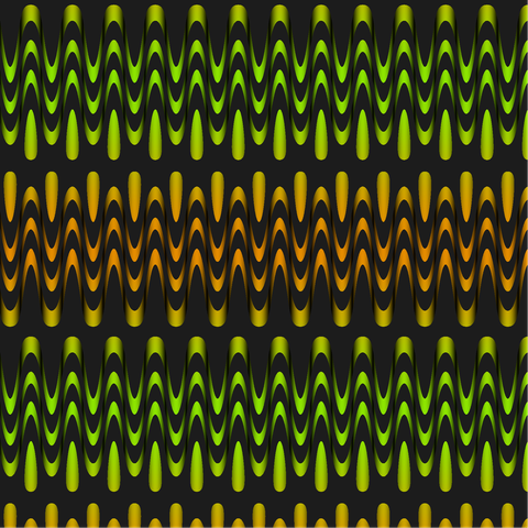 A series of bands of wave with a mix of a vibrant green and a rusty orange. The waves shade brighter and darker. The inner waves of each band look tighter. One outermost band of each wave looks like a series of teardrops; the other looks like a series of curved bumps -- it is hard to see the thin arc connecting them.