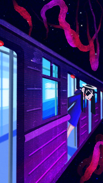 a drawing of a girl on a train to nowhere